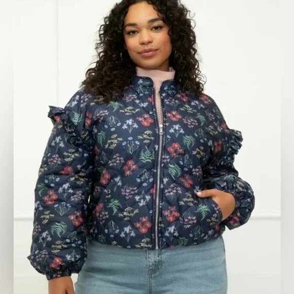 ELOQUII Elements Floral Quilted Puffer Bomber Jacket Ruffle Sleeve Size 26 / 28 - Picture 2 of 15